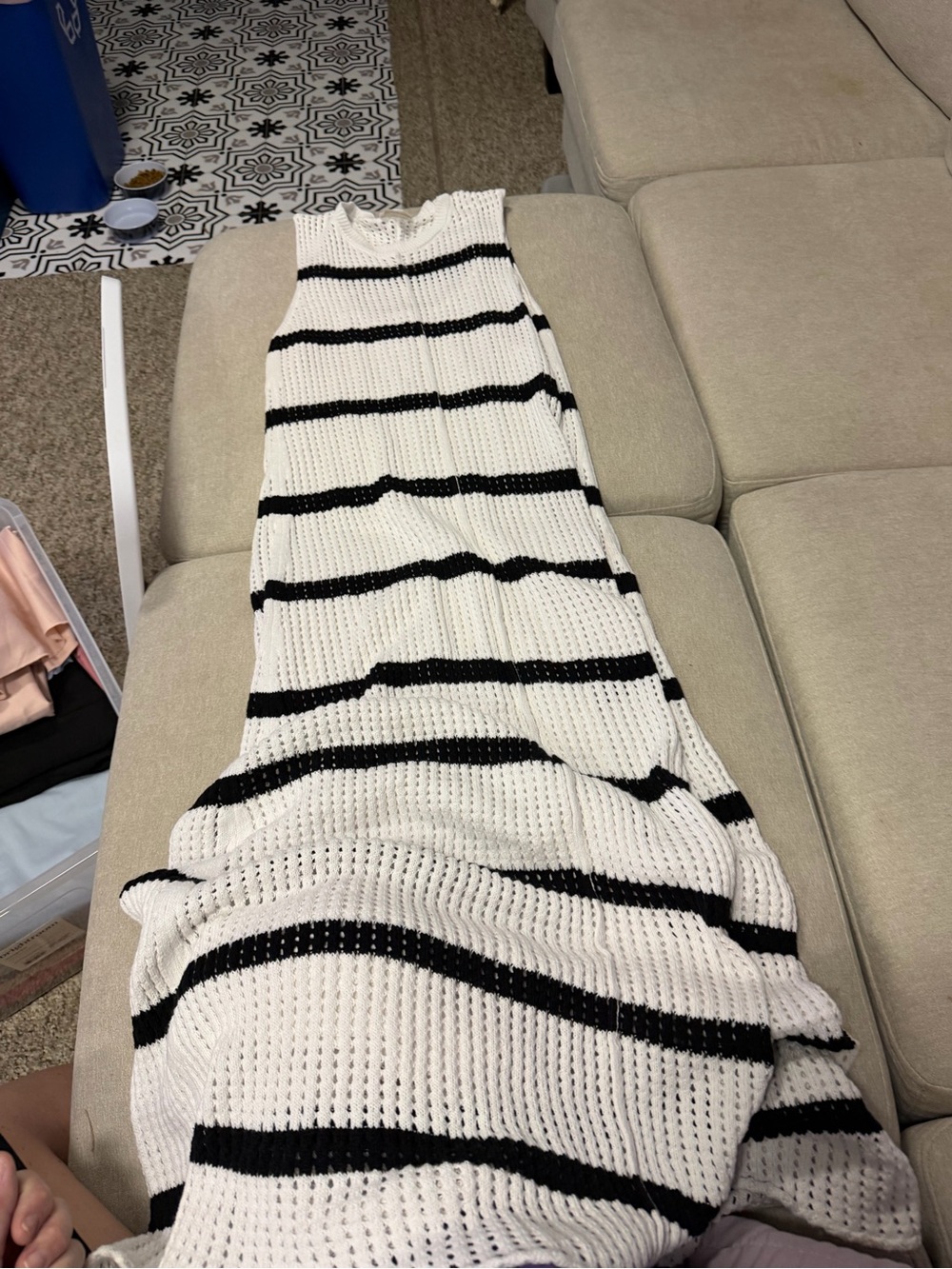 Sleeveless Black & White Striped Knit Maxi Dress